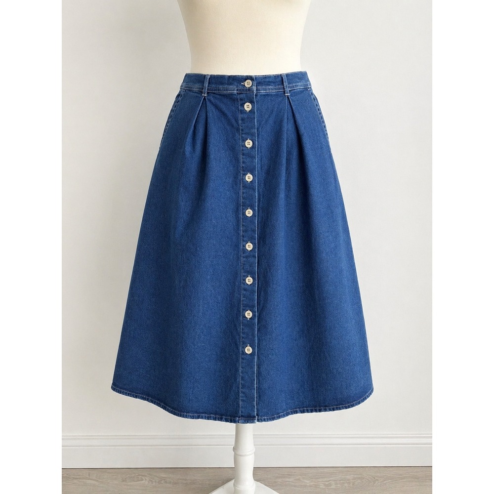 Vintage Denim Midi Skirt XL Pleated A-Line Cottagecore 90s Minimalist Pockets